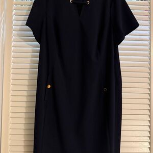 Chaps Navy Dress with Gold Accents